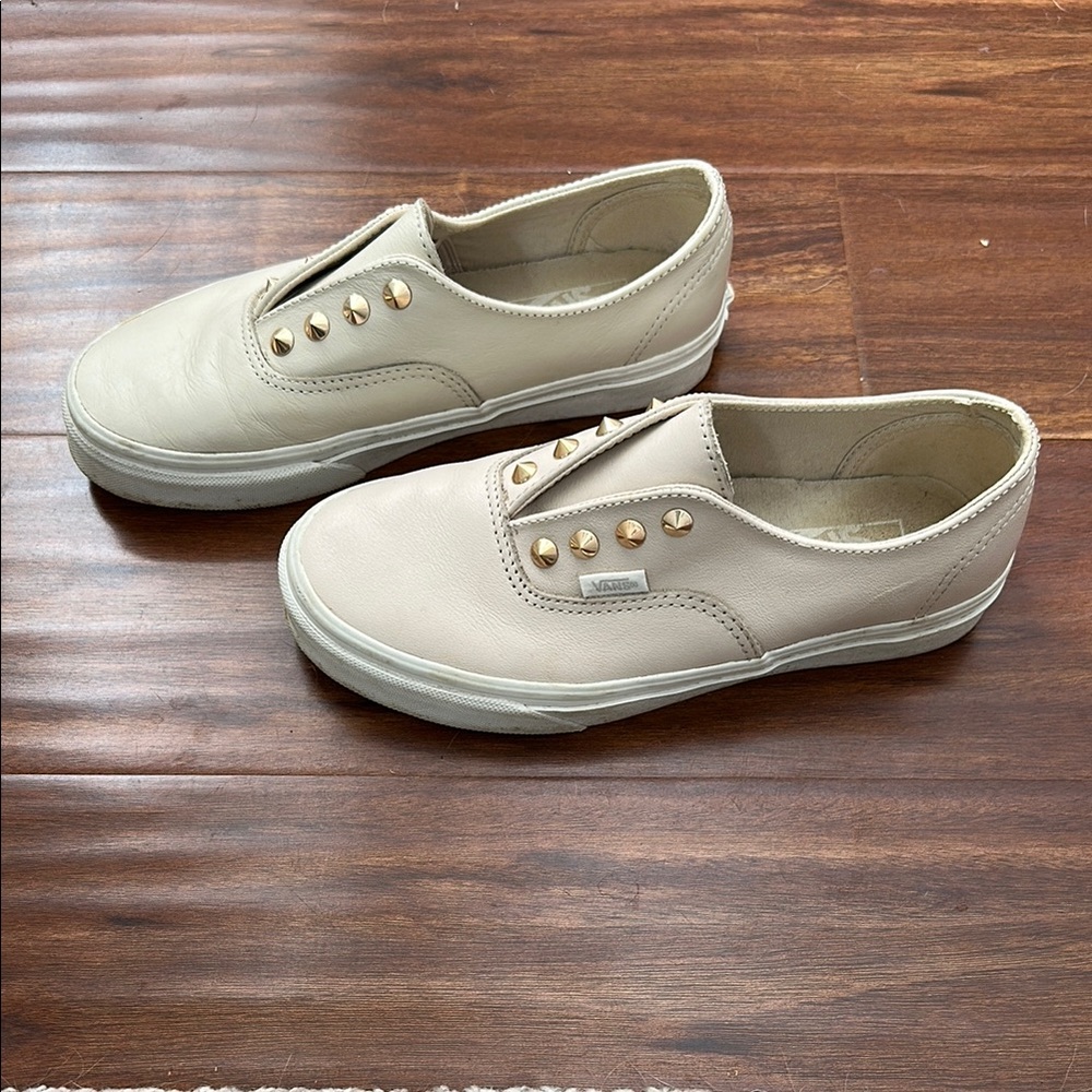 Vans Cream Slip-On Shoes with Gold Studs - 7